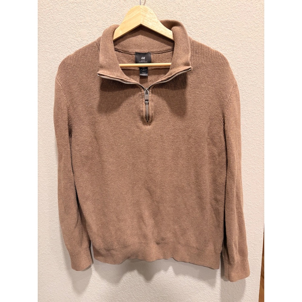 H&M Quarter Zip Sweater Tan Brown Ribbed knit 100% Cotton Large